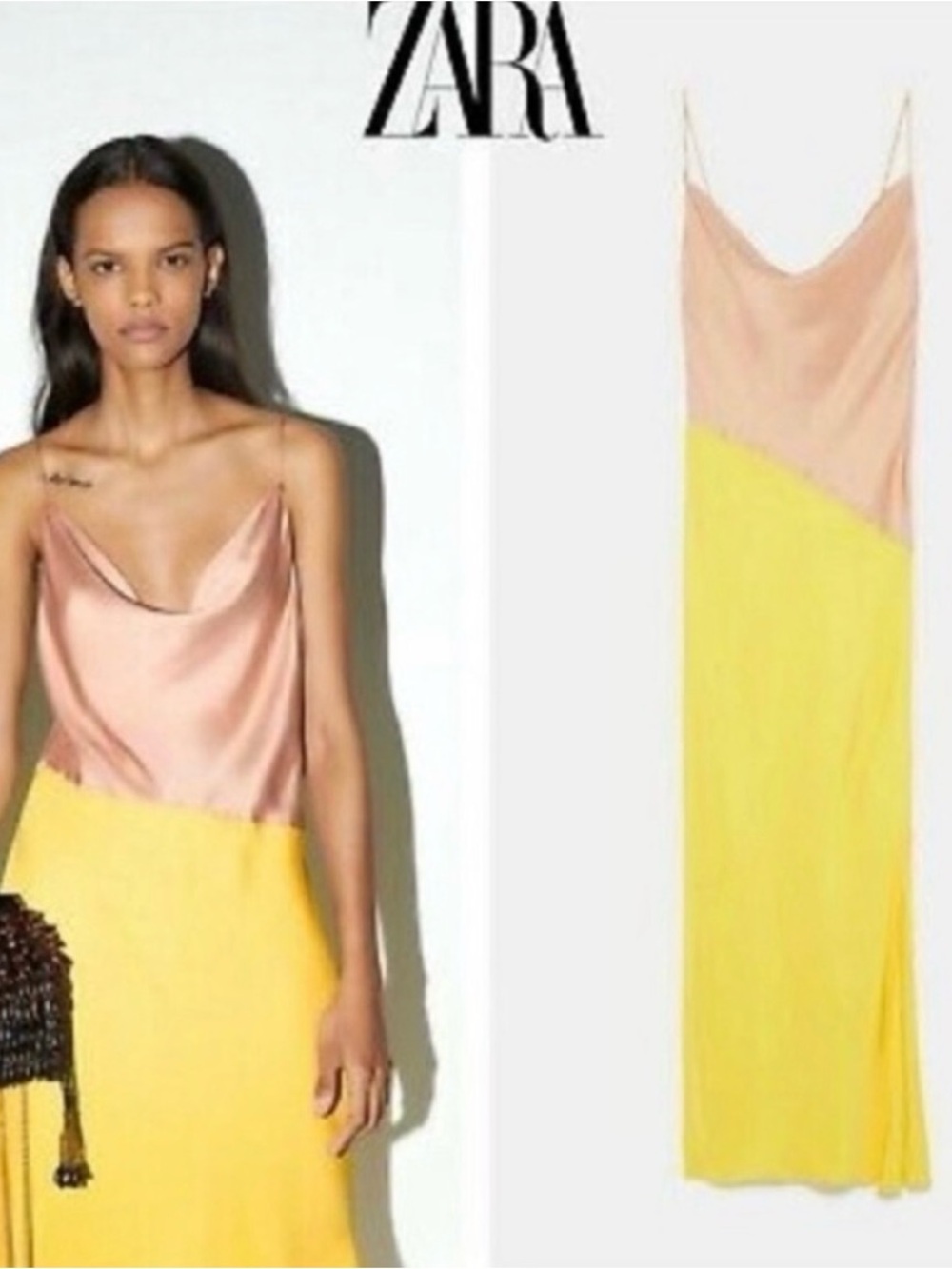 Zara Two-Tone Satin Maxi Dress in Yellow and Nude - Picture 2 of 4